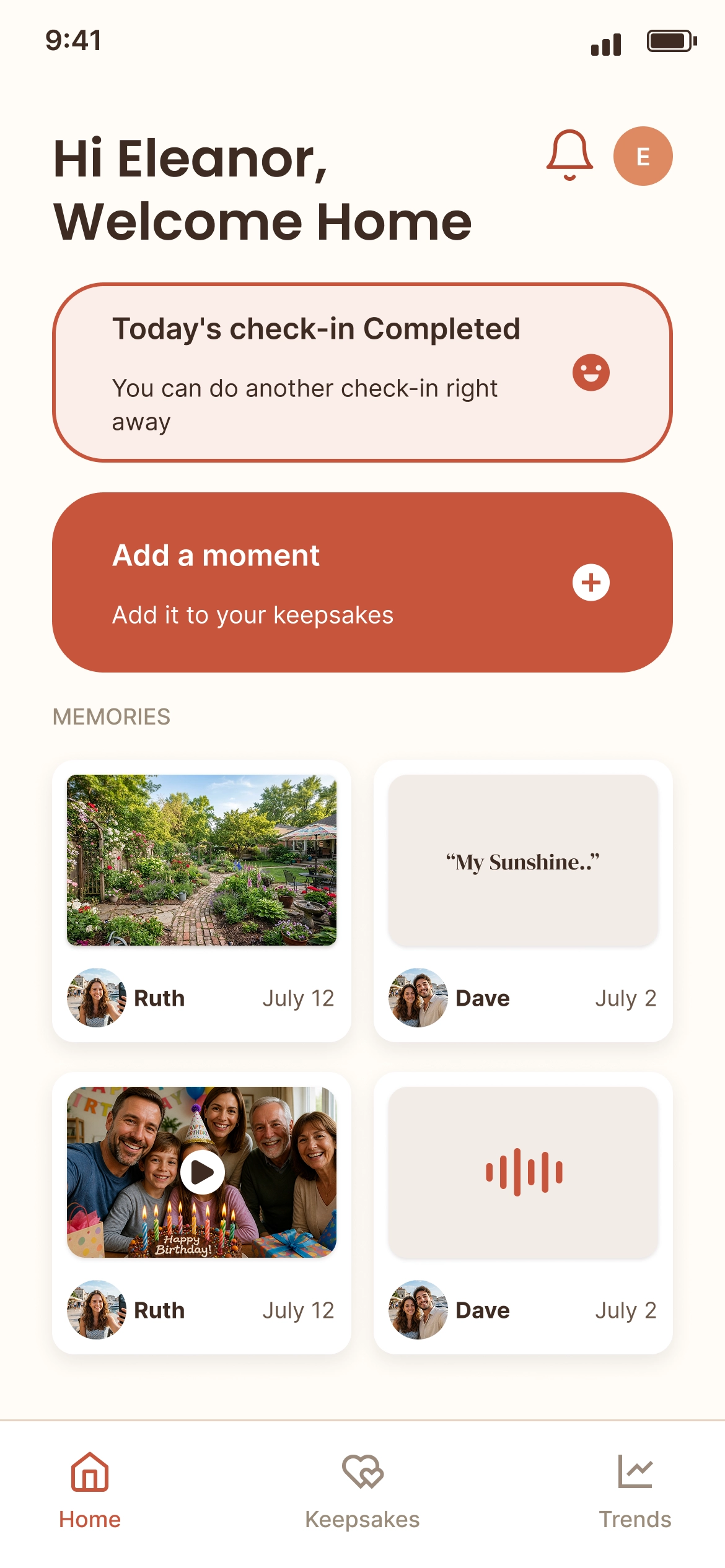 Eleanor's home screen: today's check-in completed